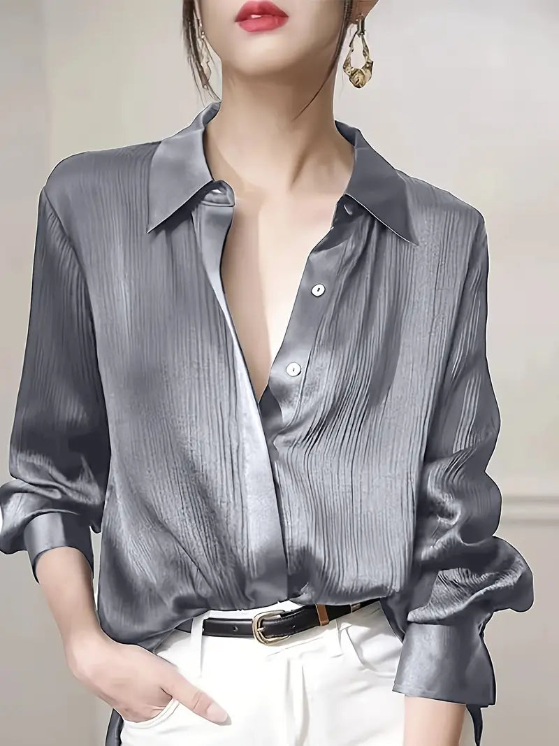 NOELLE WOMEN’S BLACK SATIN-FINISH BUTTON-UP SHIRT
