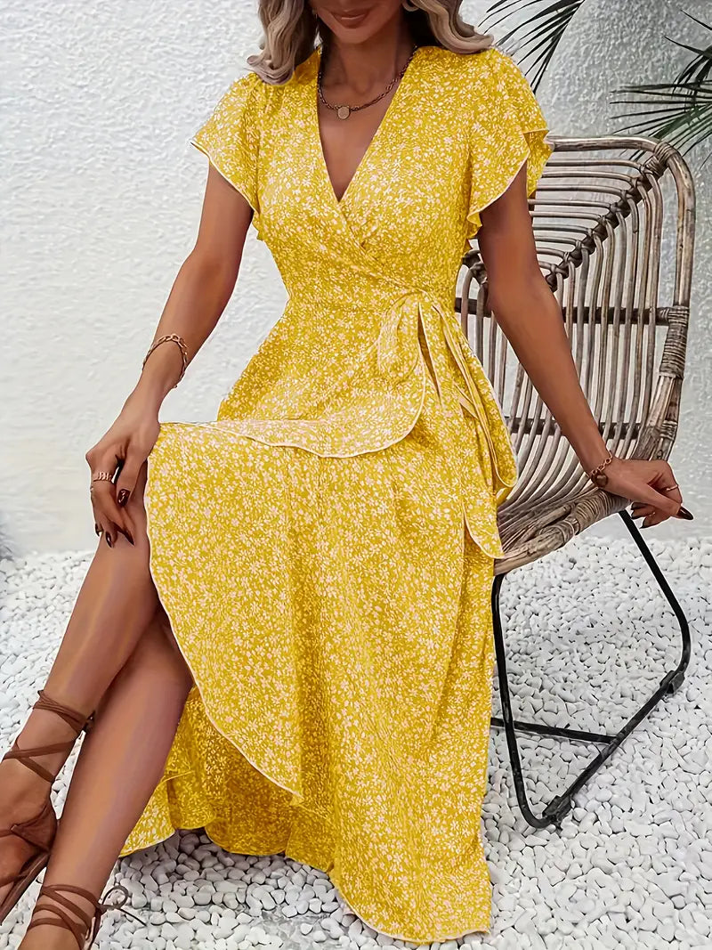 AVA™ WOMEN’S RED FLORAL V-NECK MIDI DRESS