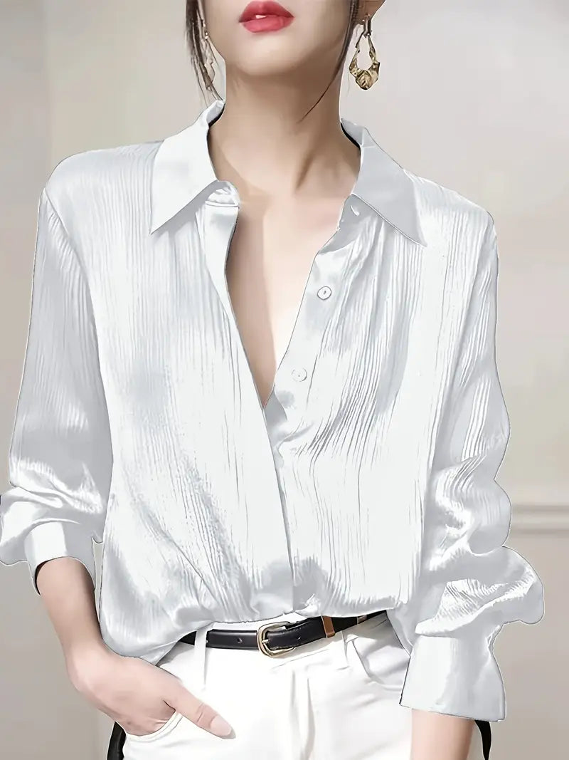 NOELLE WOMEN’S BLACK SATIN-FINISH BUTTON-UP SHIRT