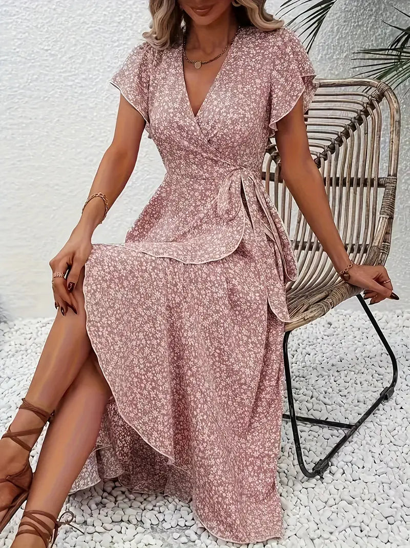 AVA™ WOMEN’S RED FLORAL V-NECK MIDI DRESS