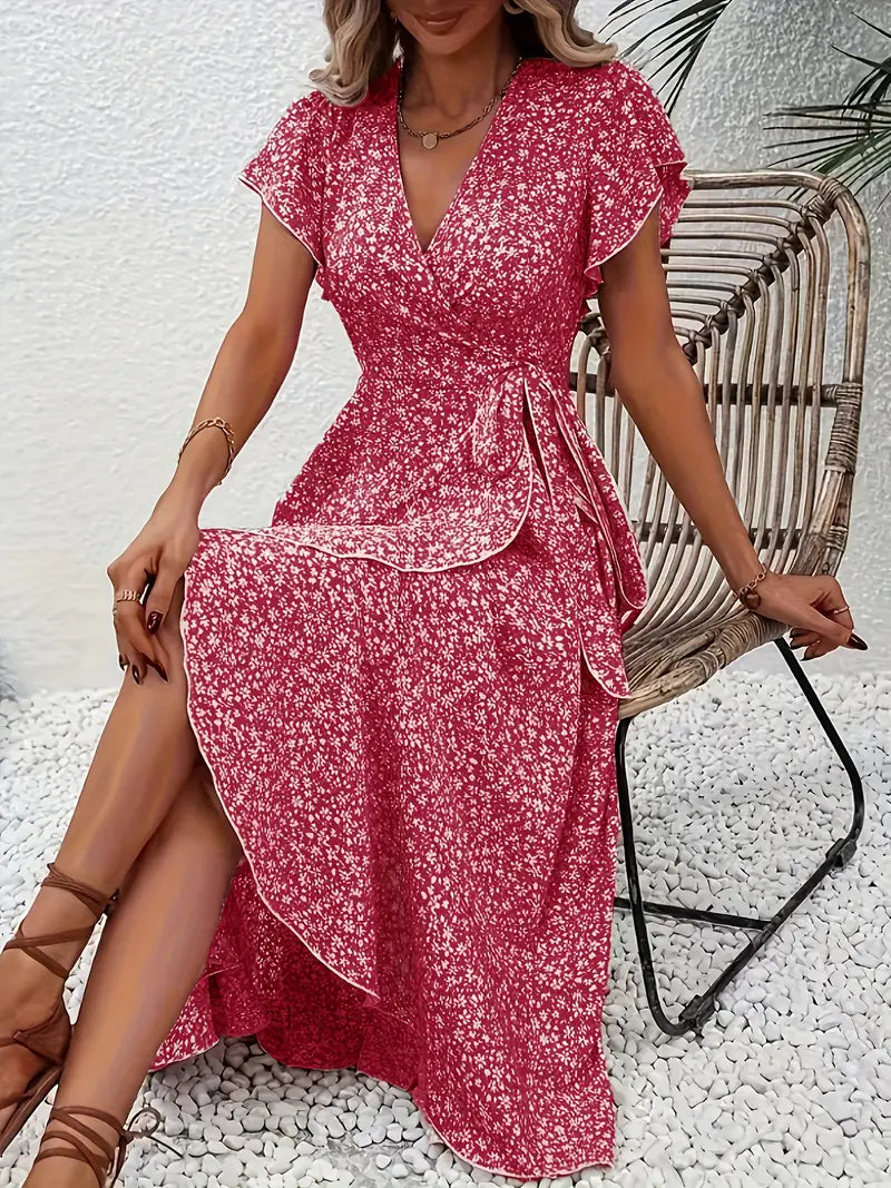 AVA™ WOMEN’S RED FLORAL V-NECK MIDI DRESS
