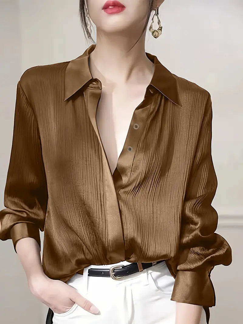 NOELLE WOMEN’S BLACK SATIN-FINISH BUTTON-UP SHIRT