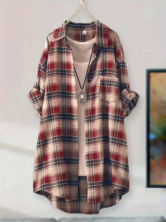 CAMERON WOMEN’S GREEN & BEIGE PLAID MID-LENGTH SHIRT