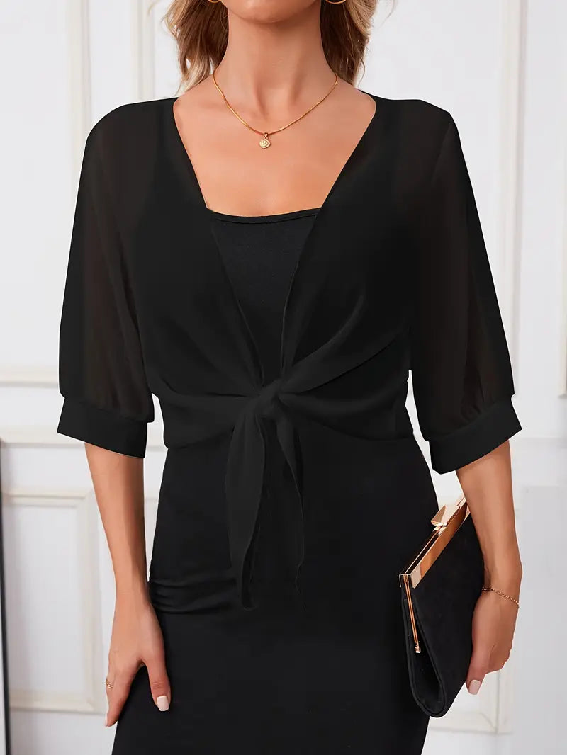 ELENA WOMEN’S SHEER POLYESTER SHAWL WRAP WITH TIE-FRONT DETAIL