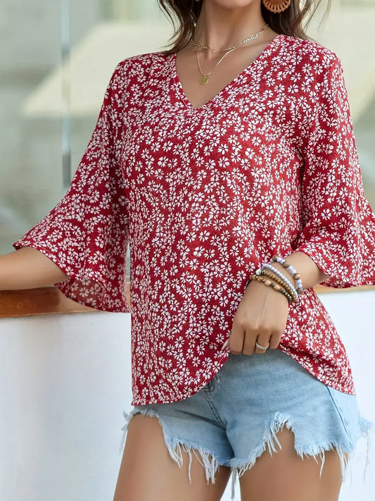 LILA WOMEN’S FLORAL PRINT V-NECK BLOUSE