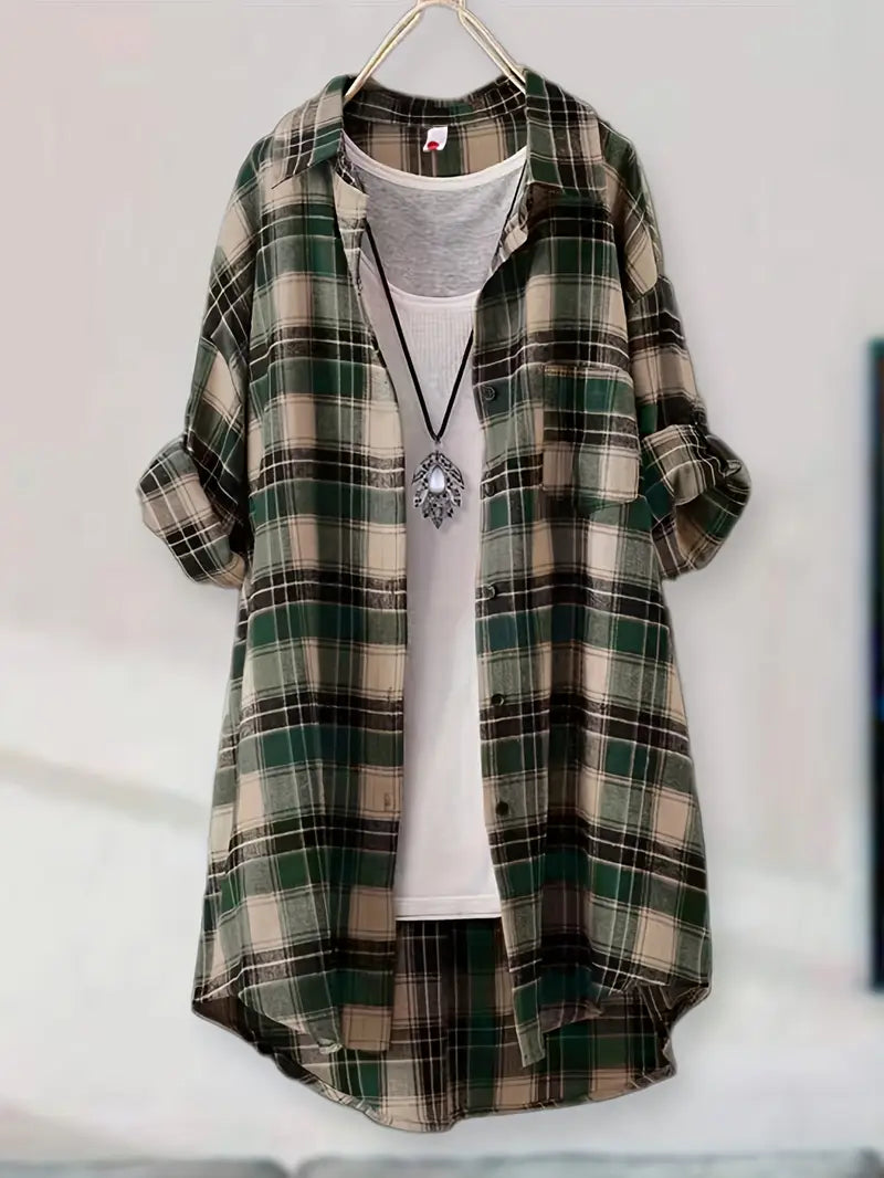 CAMERON WOMEN’S GREEN & BEIGE PLAID MID-LENGTH SHIRT