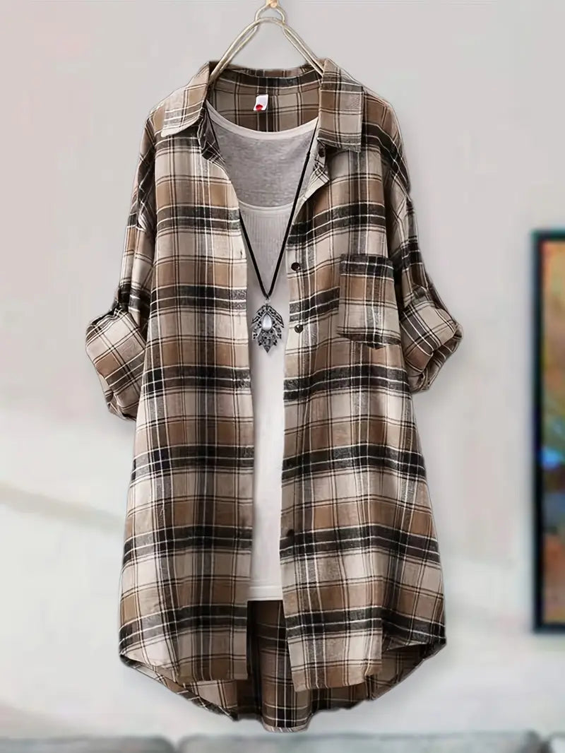 CAMERON WOMEN’S GREEN & BEIGE PLAID MID-LENGTH SHIRT