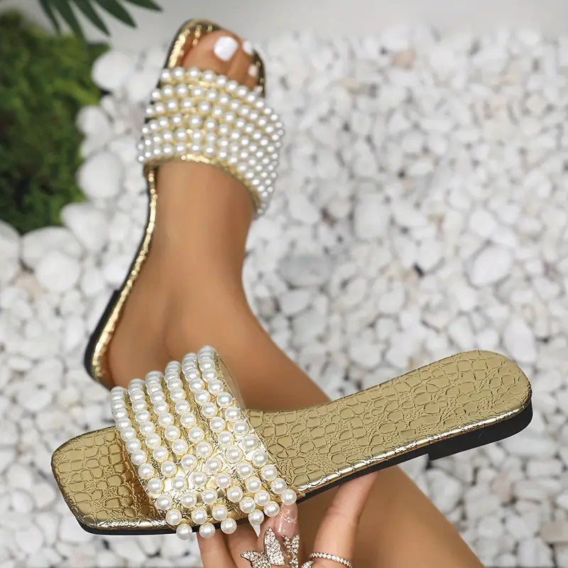 LEONA™ WOMEN’S GOLDEN CROCODILE-STRAP SLIP-ON SANDALS