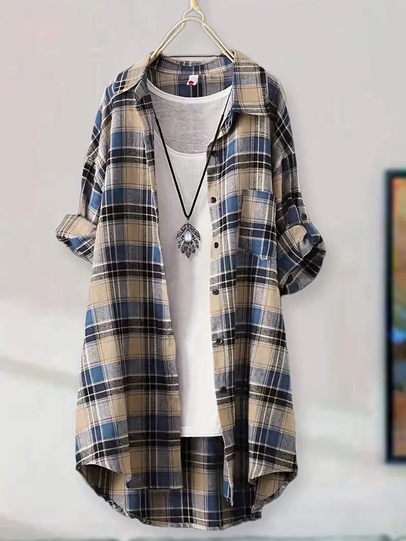 CAMERON WOMEN’S GREEN & BEIGE PLAID MID-LENGTH SHIRT